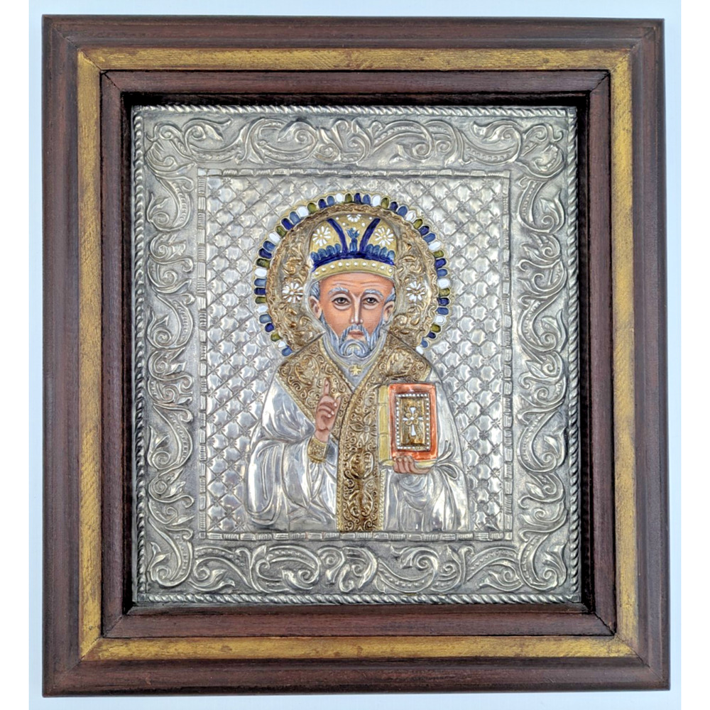 Vintage Orthodox Saint Nicholas The Wonderworker Raised Riza Icon Large 14.5x16"